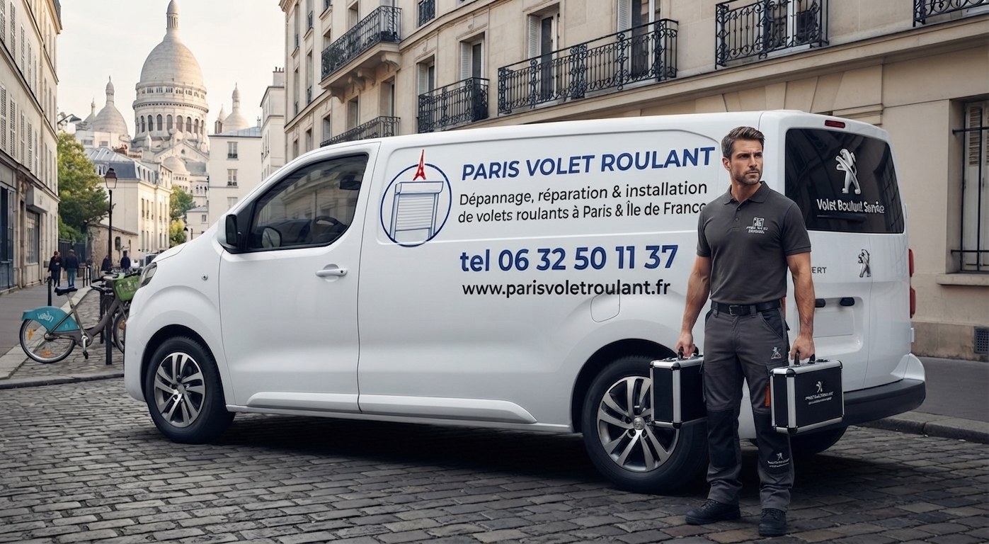 Camionnette Paris Volet Roulant et technicien dans une rue de Paris, Sacré-Cœur en arrière-plan — dépannage volet roulant à Paris et en Île-de-France — réparateur volet roulant, réparation, motorisation, installation — Paris 9e Opéra, Paris 10e Canal Saint-Martin, Paris 11e République Bastille, Paris 12e Nation