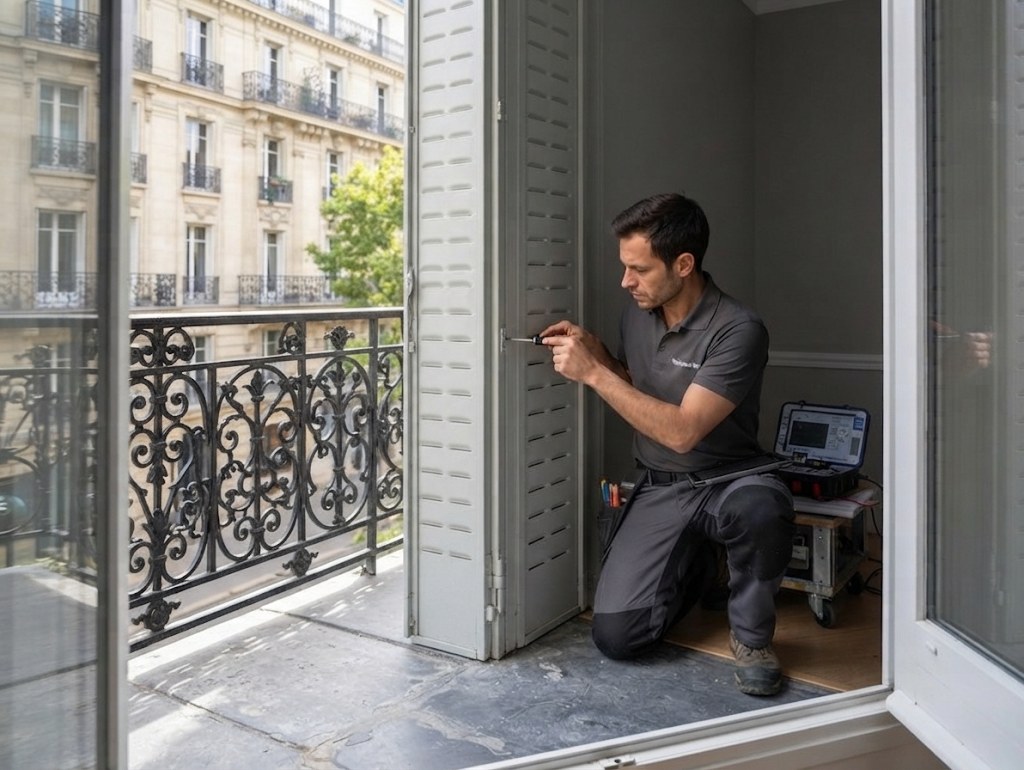 Technicien rénovant une persienne métallique haussmannienne sur un balcon parisien — décapage et thermolaquage Paris et Île-de-France — rénovation, réparation, installation — Paris 1er Châtelet, Paris 2e Bourse, Paris 3e Le Marais, Paris 4e Hôtel de Ville