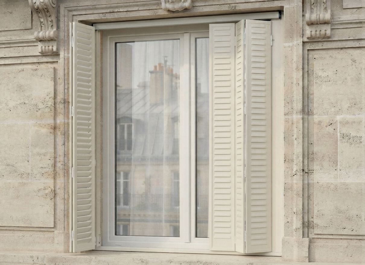 Façade haussmannienne avec persiennes en fer fermées à Paris 4e (75004)