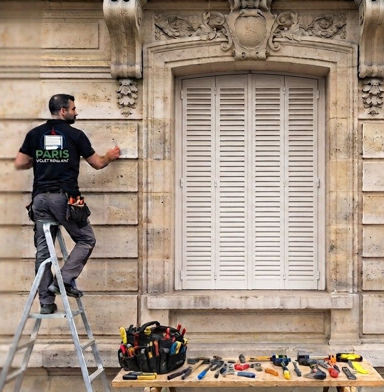 Réparation de persienne en fer sur balcon haussmannien à Paris 1er (75001)