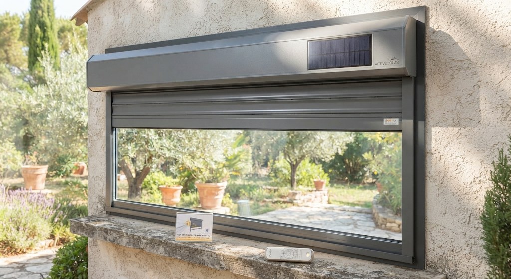 Volet roulant solaire aluminium avec panneau solaire intégré au coffre — pose Paris, Gagny, Montreuil 93 — réparateur volet roulant, dépannage, réparation, motorisation, Île-de-France — Paris 17e Batignolles, Paris 18e Montmartre, Paris 19e La Villette, Paris 20e Belleville Père-Lachaise