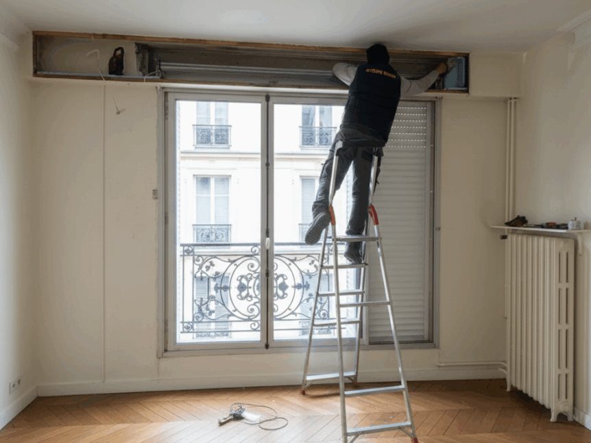 Réparation du coffre d'un volet roulant dans un appartement haussmannien à Montmartre, Paris 18e — réparateur volet roulant, dépannage, motorisation, installation, Paris et Île-de-France — Paris 1er Châtelet, Paris 2e Bourse, Paris 3e Le Marais, Paris 4e Hôtel de Ville