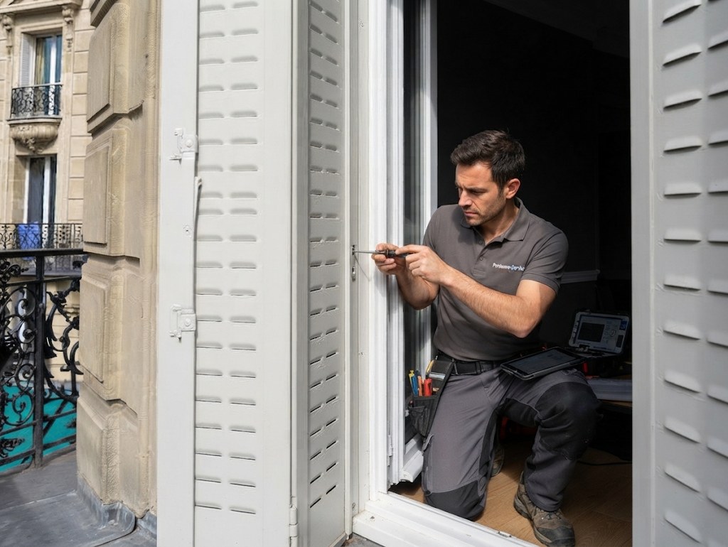 Technicien Paris Volet Roulant réparant des persiennes sur un immeuble haussmannien à Paris — réparateur volet roulant, dépannage, réparation, motorisation, installation, Paris et Île-de-France — Paris 5e Quartier Latin, Paris 6e Saint-Germain-des-Prés, Paris 7e Invalides Tour Eiffel, Paris 8e Champs-Élysées