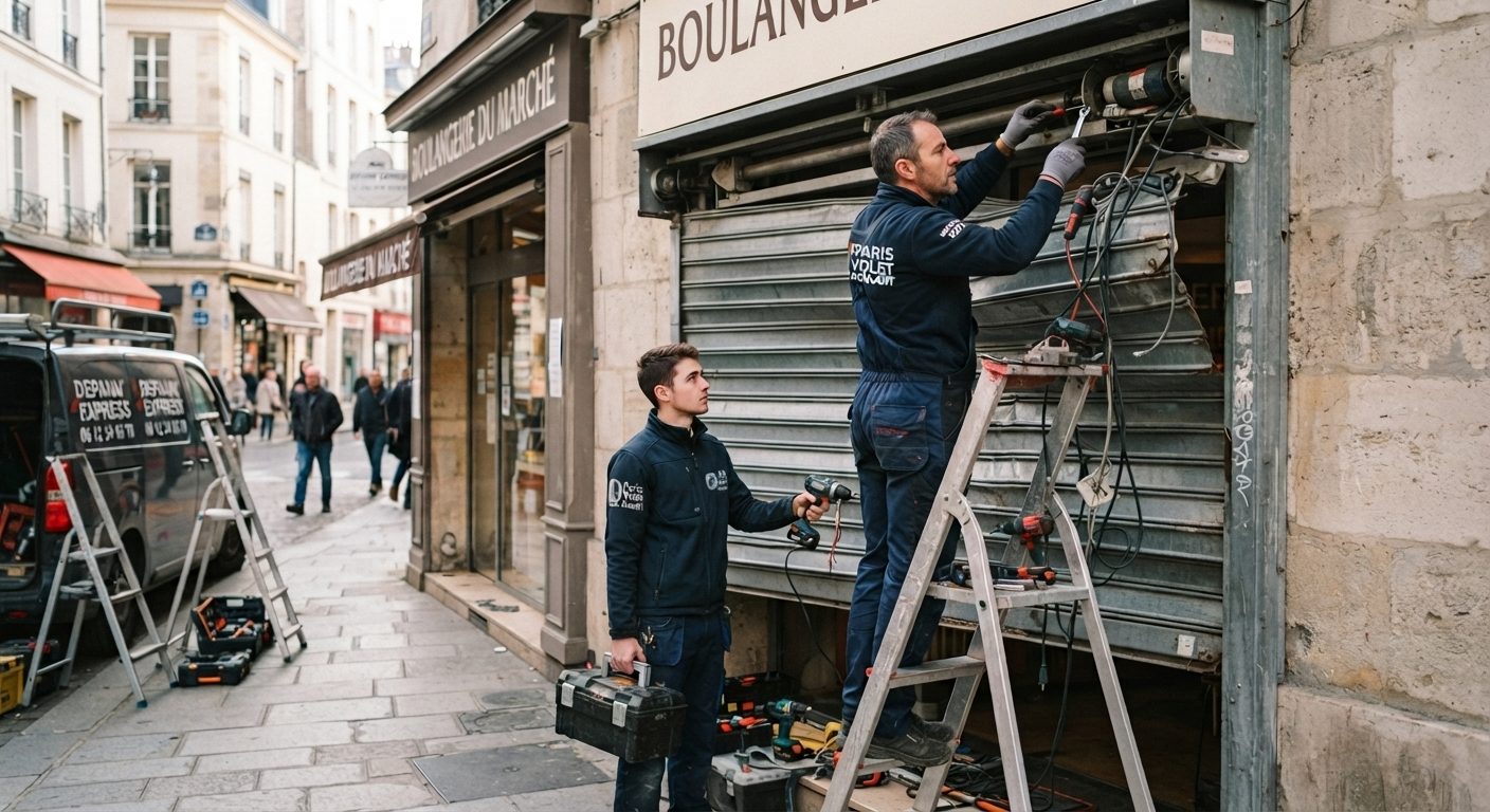 Techniciens Paris Volet Roulant réparant un rideau métallique de boulangerie à Paris — dépannage, réparation, installation, Paris et Île-de-France — Paris 13e Place d'Italie, Paris 14e Montparnasse, Paris 15e Vaugirard, Paris 16e Trocadéro — lames pleines, micro-perforées, grille articulée