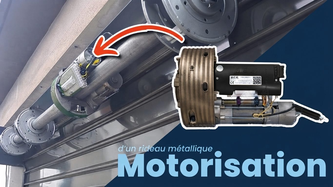 Motorisation d'un rideau métallique — moteur central et axe motorisé — dépannage, réparation, installation, Paris et Île-de-France — Paris 17e Batignolles, Paris 18e Montmartre, Paris 19e La Villette, Paris 20e Belleville Père-Lachaise — lames pleines, micro-perforées, grille articulée