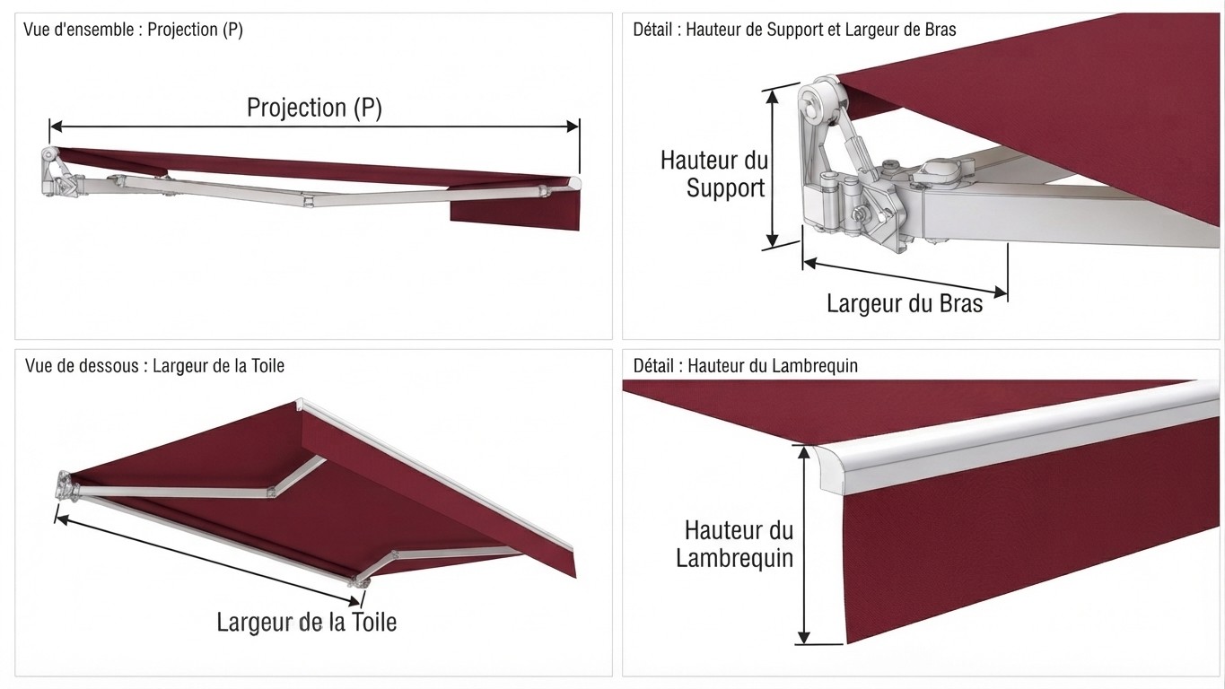 Schéma des mesures d'un store banne — projection, hauteur de console, largeur de toile et hauteur de lambrequin pour rentoilage sur mesure