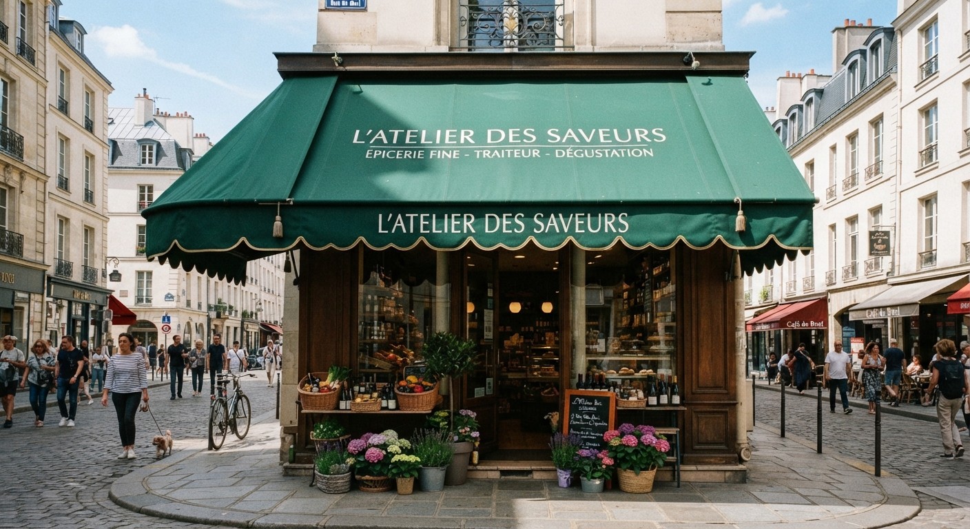 Toile de store banne avec lambrequin — rentoilage sur mesure pour commerce et particuliers — Paris et Île-de-France